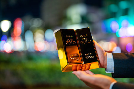 Investment and wealth. Gold bar. Banking and saving. Investment in precious metals. Financial success banner. Golden bullion. Money management and financial plan. Gold value and price. Gold bullionの写真素材