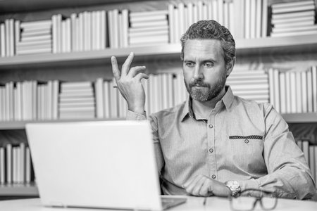 business freelancer agent. Teacher of business school. Millennial teacher with laptop. online...