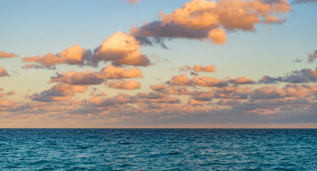 Sunset sea and seascape. Sea horizon view. Cloudy sky and seascape at summer vacation. Skyscape with...