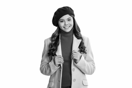 Teen trend for autumn season. Best fashion trend for this autumn. Style fashionable girl. Teen girl wearing fall coat isolated on white. Girl in stylish autumn coat. Fall fashion style. Street styleの写真素材