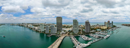 Miami south beach aerial panorama. Panoramic landscape of Miami beach, Florida. Aerial panorama...
