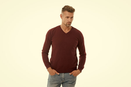 Stylish menswear fashion. Caucasian mature man. Man in tshirt isolated on white. Handsome mature man...