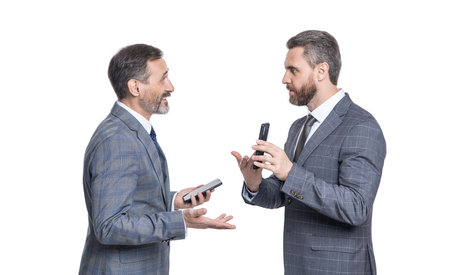 discussing online. businessmen having negotiation on phone isolated on white. business texting in...