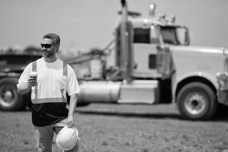 worker at coffee break with copy space, banner. male contractor at working location. contractor man...