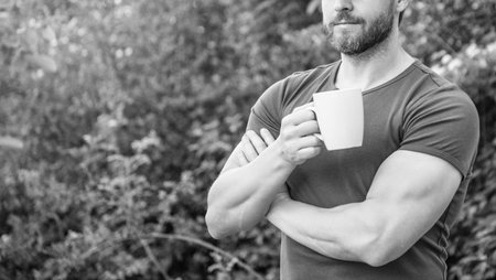 cropped photo of man with coffee, copy space advertisement. man with coffee.