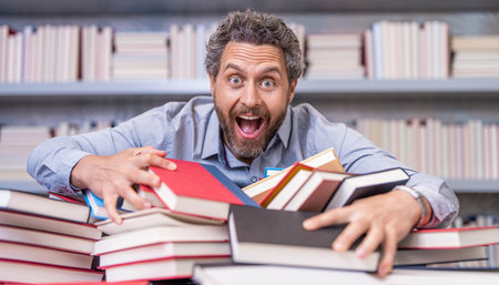 college teacher in classroom. school classroom full of books. school education for teacher or student. school professor reading books in library. teacher of literature school lesson. true geniusの写真素材