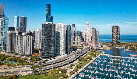 Chicago downtown city park and marina skyline. Autumn city landscape. Cityscape with fall city park. Chicago cityscape skyline architecture. Skyscraper landscape. Chicago cityscape marinaの写真素材