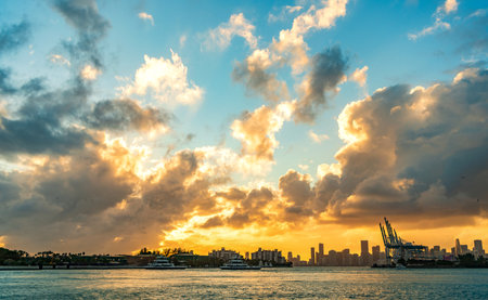 Skyscape with sea horizon. Horizon sunrise sea with ship. Sunrise seascape. Romantic summer vacation...