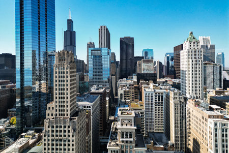 Modern business city landscape. Cityscape with business city district. Chicago cityscape skyline architecture. Skyscraper business area. Chicago cityscape. Business district. Chicago city skylineの写真素材