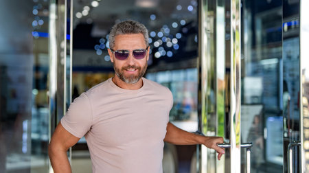 Hispanic mature man. Man in casual tshirt outdoor. Stylish handsome man with graying hair. Stylish male. Male casual style. Portrait mature man in sunglasses and tshirt, copy spaceの写真素材