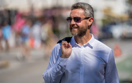 Corporate leader. Rich man in sunglasses. Business success man outdoor. Businessman stylish portrait. Successful business leader. Business success of businessman. Businessman leadershipの写真素材