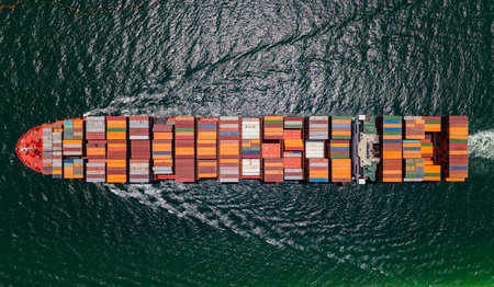 Shipping logistics. Commercial shipping. Top view. Cargo ship in sea, aerial view. Freight container...