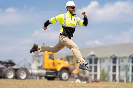 Man engineer running to success. Builder man run fast to work. Engineer supervisor running outdoor. Supervisor jumping. Excited construction builder. Worker jumping at heavy machinesの写真素材