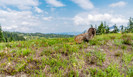 Groundhog on lawn. Rodent animal woodchuck. Rodent marmot animal. Wildlife nature. Marmot capybara. Capybara resting. Marmot wild groundhog. Woodchuck rodent. Capybara in the park. Wild animalの写真素材