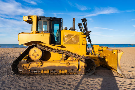 Industrial heavy equipment. Bulldozer or dozer machinery. Old heavy equipment of bulldozer with sand...