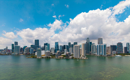 Aerial view of Brickell skyline in downtown Miami. Skyscrapers above Miami. Scenic panorama of Brickell financial district. Brickell in Miami city.の写真素材
