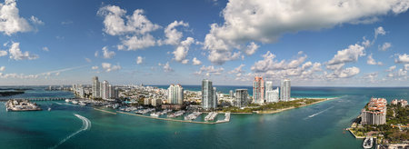 Panoramic view of Miami skyline. Panoramic cityscape of Miami with coastal skyscrapers. Panoramic...