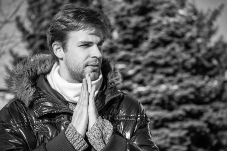 man in winter fashion cold outdoors. stylish man wear winter fashion outdoor, copy space