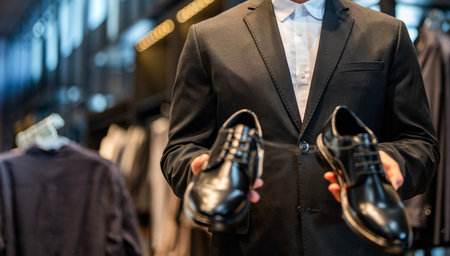 Formal shoe. Leather footwear. Shop assistant man in shoe store hold classic footwear. Shoe store. Business man choose elegant footwear in shop. Classic leather shoes for formal look, advertisementの写真素材