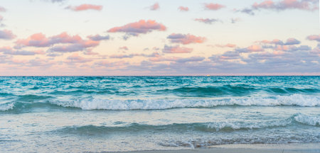 Sea sunset on ocean. Sunset seascape at summer vacation. Sunrise with sea beach. Dramatic sunrise horizon at sea. Romantic summer vacation on sunset seascape. Serene horizonの写真素材