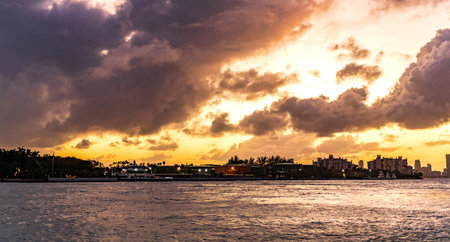 Horizon sunrise sea with ship. Sunrise seascape. Romantic summer vacation seascape. Amazing sky. Sea sunset horizon. Sunset cloudy sky. Seascape at summer vacation. Skyscape with sea horizonの写真素材