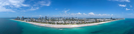 Aerial panorama of Miami Beach coastline. Stunning Miami skyline panorama. Drone panoramic view of...