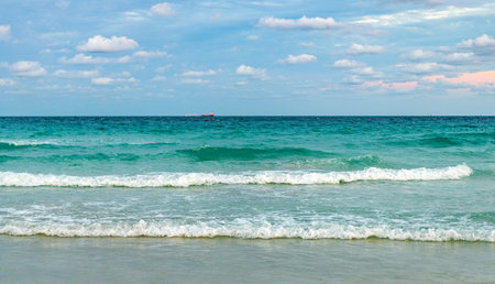 Cloudy sky and seascape at summer vacation. Skyscape with sea horizon. Calm horizon with sea nature....