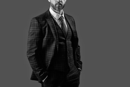 Formal suit jacket with tie isolated on grey. Businessman man in business jacket. Business suit. Formal menswear concept. Man in formalwear, cropped view. Businessman in elegant suit. Advertisementの写真素材