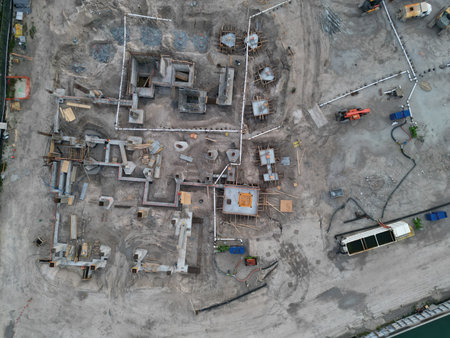 Building architecture under construction. Construction site from top. Structural design engineering. Structure engineering at building site. Formwork construction architecture. Architectural buildingの写真素材