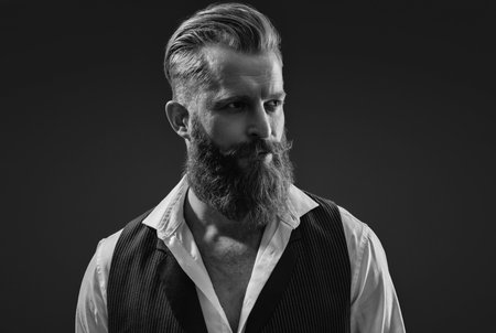 Bearded man with moustache isolated on grey. Mens beauty. Redhead man portrait. Man with moustache....