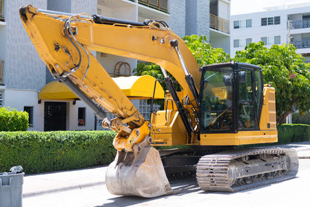 Construction site and industrial heavy machine excavator outdoor. Excavator digger. Heavy equipment...