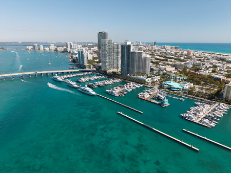 Marina Bay filled with vessels and yacht in Miami. Skyline with yachts in Miami.の写真素材