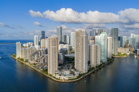 Aerial view of Brickell skyline in downtown Miami. Skyscrapers above Miami. Scenic panorama of...