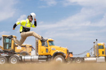 Worker jumping at heavy machines. Man engineer running to success. Builder man run fast to work....
