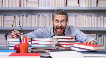overworked professor at lesson. school professor with books. teachers day. school teacher improve...