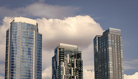 Skyscraper cityscape of metropolitan city architecture. Business district. Cityscape with skyscraper architecture. Modern city skyline. Cityscape with business building. Cityscape skyline silhouetteの写真素材
