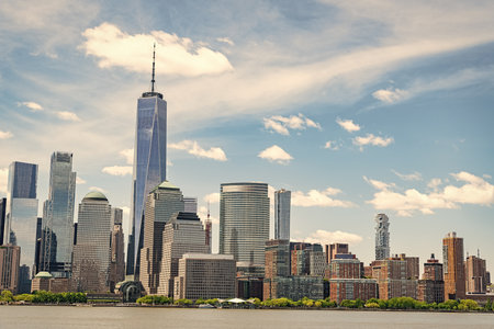 New York City with Manhattan Skyline over Hudson River, New York City, USA. New York City Skyline with Urban Skyscrapers. Lower Manhattan and One World Trade Center in New York City, USA. Panoramic view on Manhattan.の写真素材
