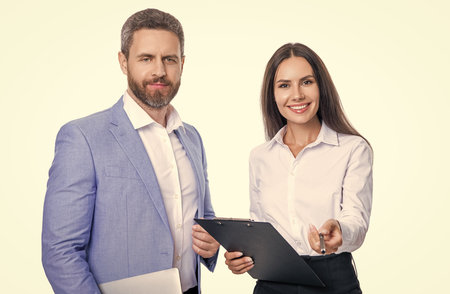 Businesspeople analytics. Signing contract at business meeting. Successful negotiation. Company merger. Businesspeople signing business contract isolated on white. Partnership in business. Job offerの写真素材