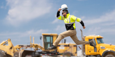 Excited construction builder. Worker jumping at heavy machines. Man engineer running to success. Builder man run fast to work. Engineer supervisor running outdoor. Supervisor jumping. Finish workの写真素材