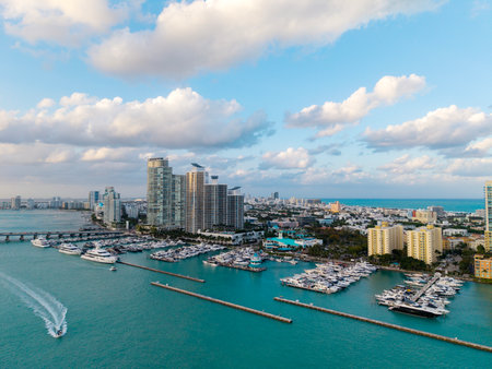 Marina Bay filled with vessels and yacht in Miami. Skyline with yachts in Miami.の写真素材