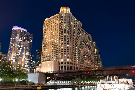 Night cityscape of Chicago skyscraper building. Chicago architecture of skyscraper. City night...
