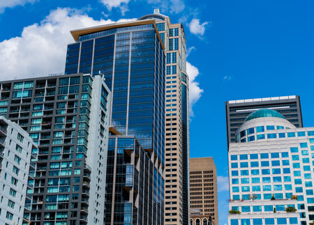 City architecture of skyscraper. City building cityscape view. Skyscraper cityscape. Modern city downtown. Business city. Cityscape of skyscraper building in business district. Massive skyscrapersの写真素材
