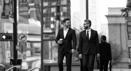 Two successful business men walking outdoor. Businessmen go to work. Business talking. Two businessmen in elegant business suit. Walking colleague. Colleague and friends. Business conversationの写真素材