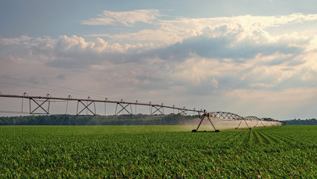 Water sprinkler irrigating field. Drip irrigation system. Crop irrigation. Agriculture farming. Irrigation system watering agricultural field in countryside. Organic vegetable farm. Crop protectionの写真素材