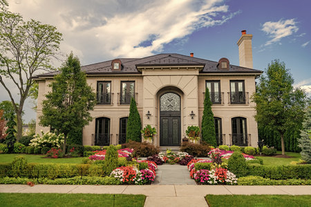 Property in neighborhood. Residential property house. Residence architecture. Suburban neighborhood. Suburban house architecture. Private family house. Neighborhood architecture. Lush gardenの写真素材