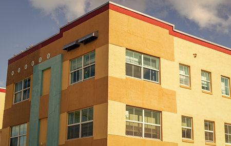 Art Deco building architecture. Architectural building. Art deco. Architectural district Art Deco. Modern building of Miami beach. Ocean drive. Miami Beach in Ocean Drive Florida. Shape and colorの写真素材