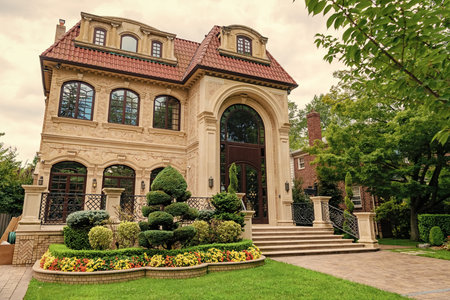 Luxury residential house building architecture in suburb neighborhood, private territoryの写真素材