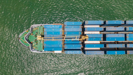 Freight container loaded on cargo vessel. Aerial ship with container. Cargo business. Container...