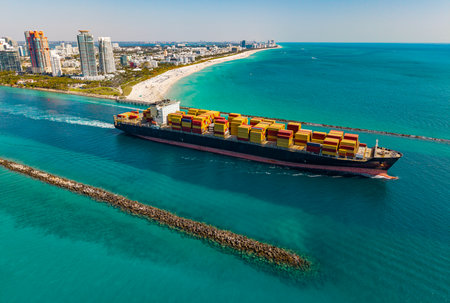 Freight container loaded on cargo vessel. Aerial ship with container. Cargo business. Container...