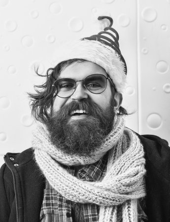 Homeless man celebrate Xmas. Merry Christmas. Santa Claus bearded man. Happy New 2025 Year. Xmas...